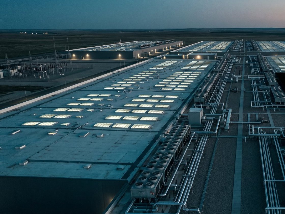 Ground-station data center facility at dusk