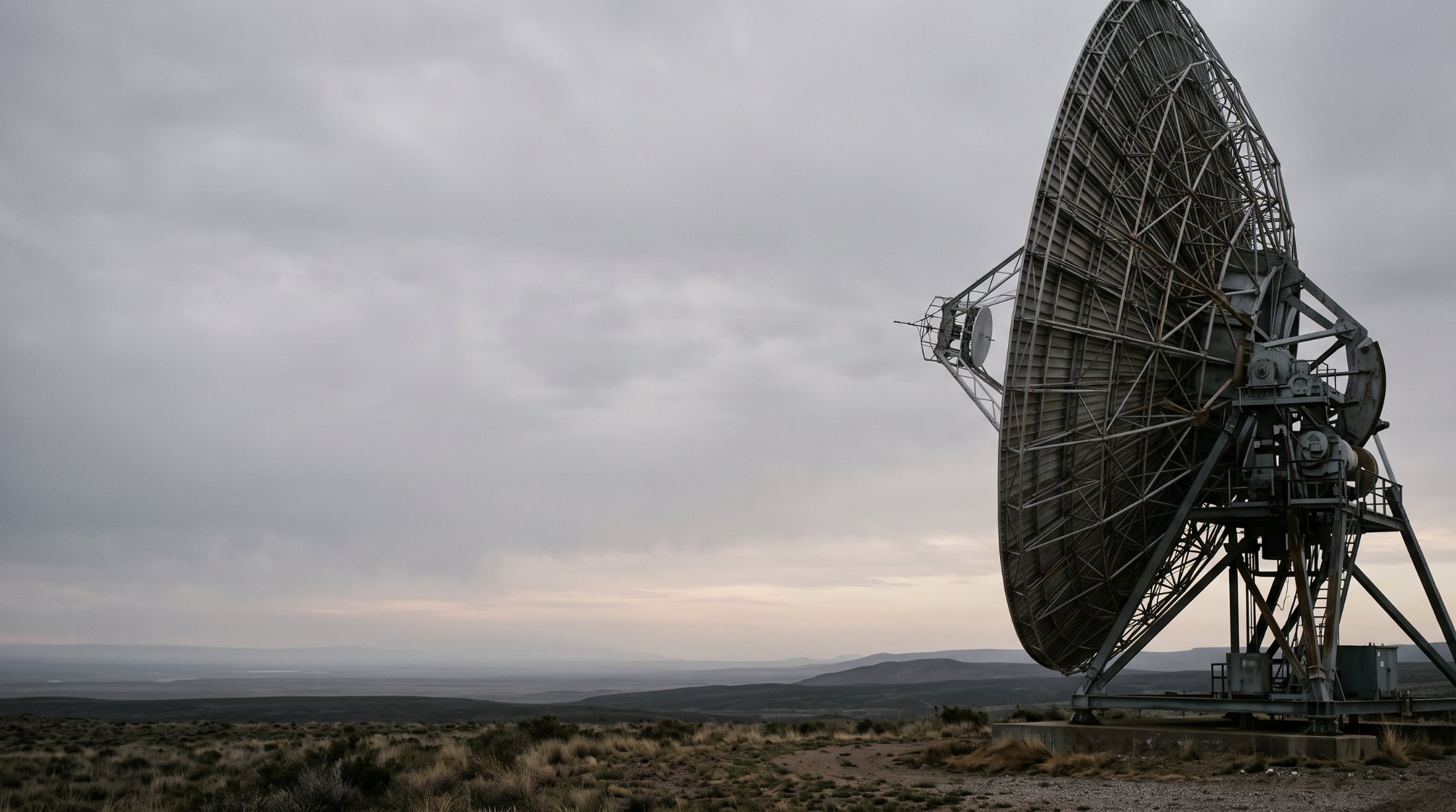 Parabolic ground-station antenna on open terrain at dusk