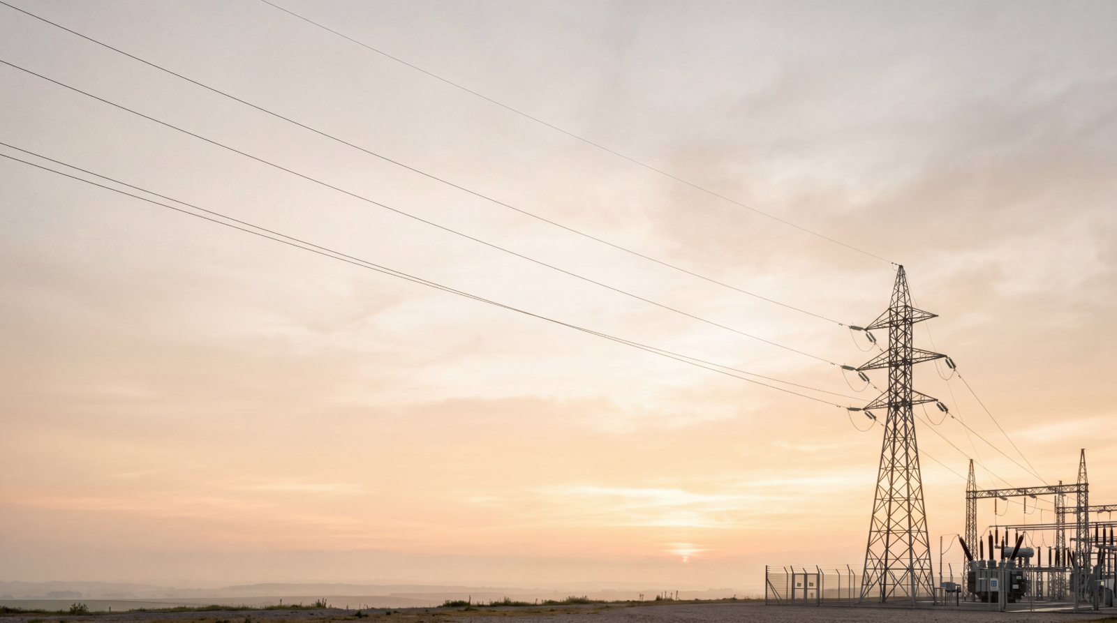 Transmission tower and substation at sunset
