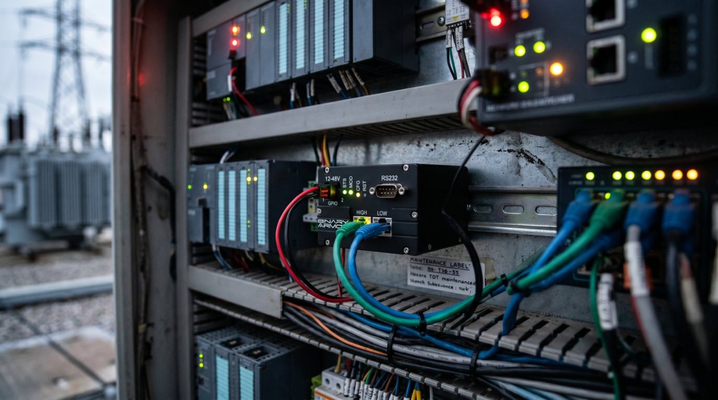 Binary Armor appliance installed inline on a DIN rail in an industrial control cabinet
