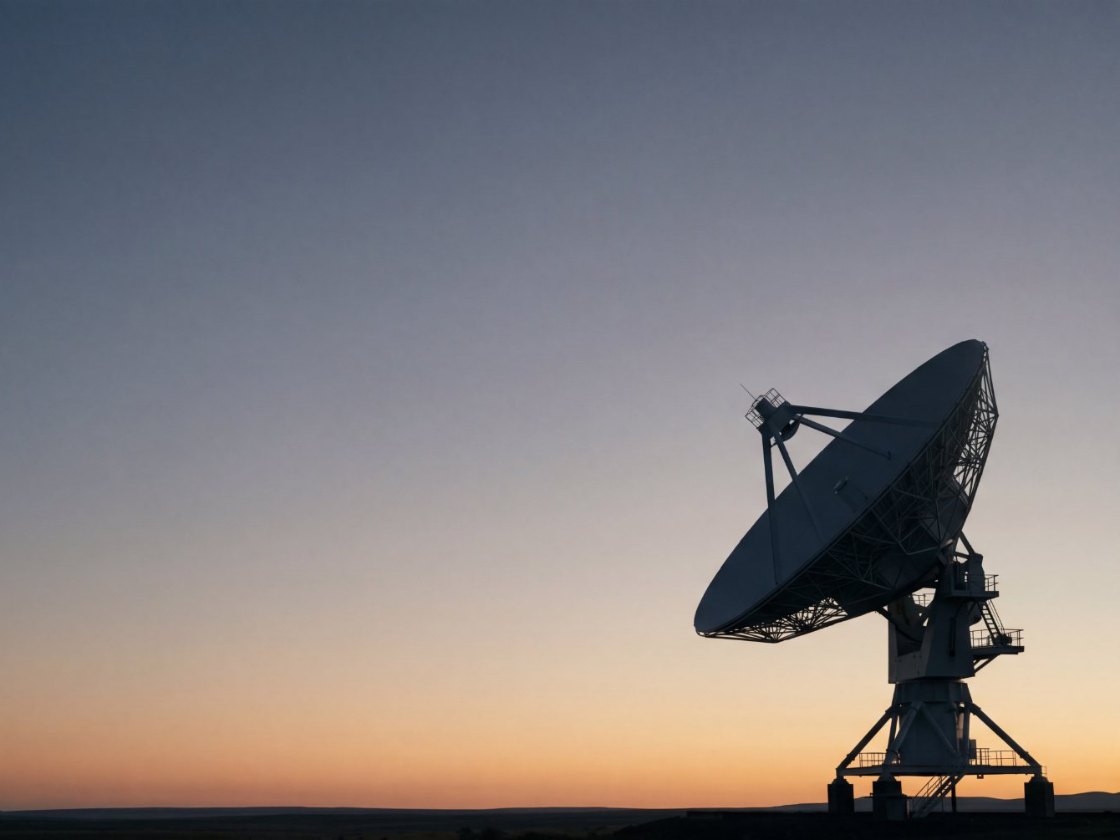 Satellite ground-station dish at dusk
