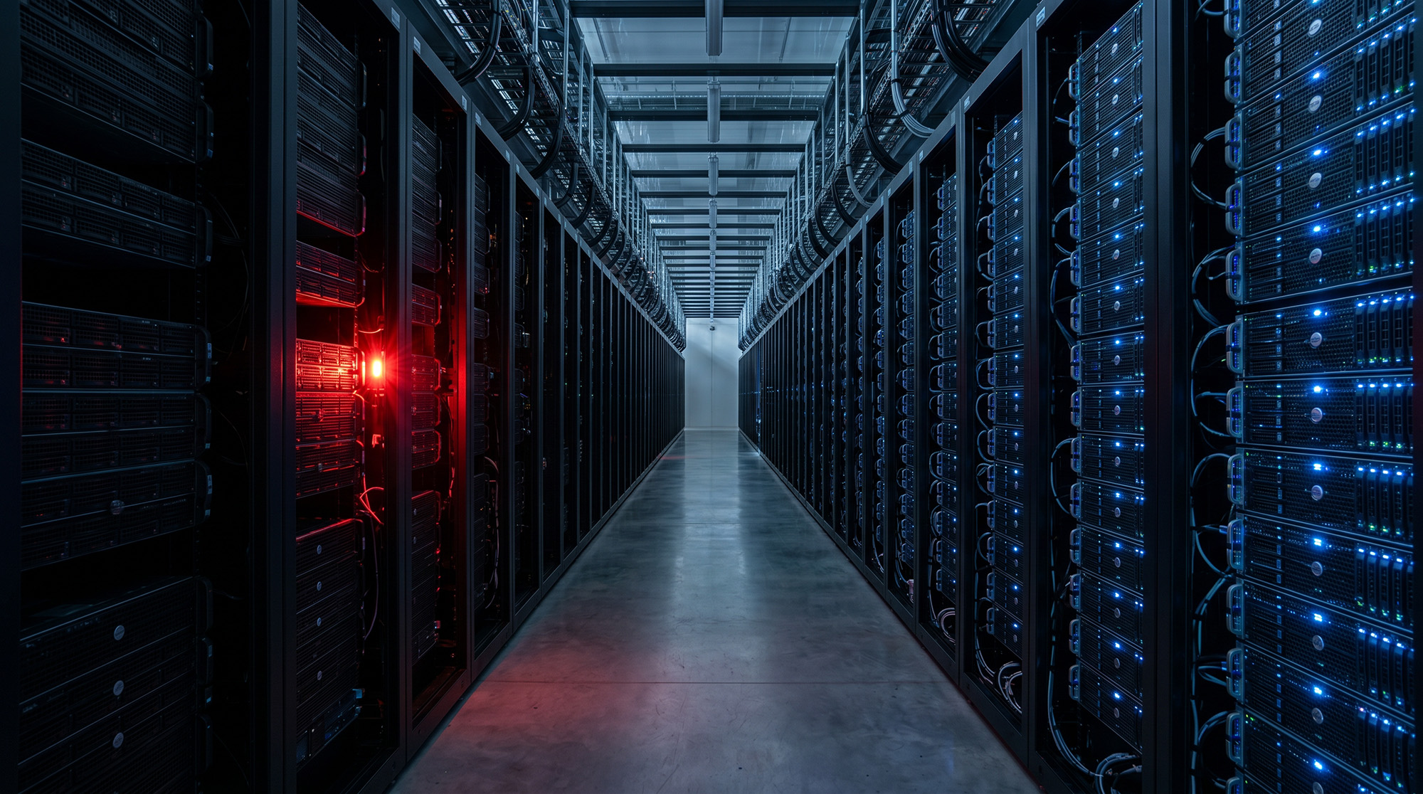 Server aisle in a data centre with a single red alert indicator