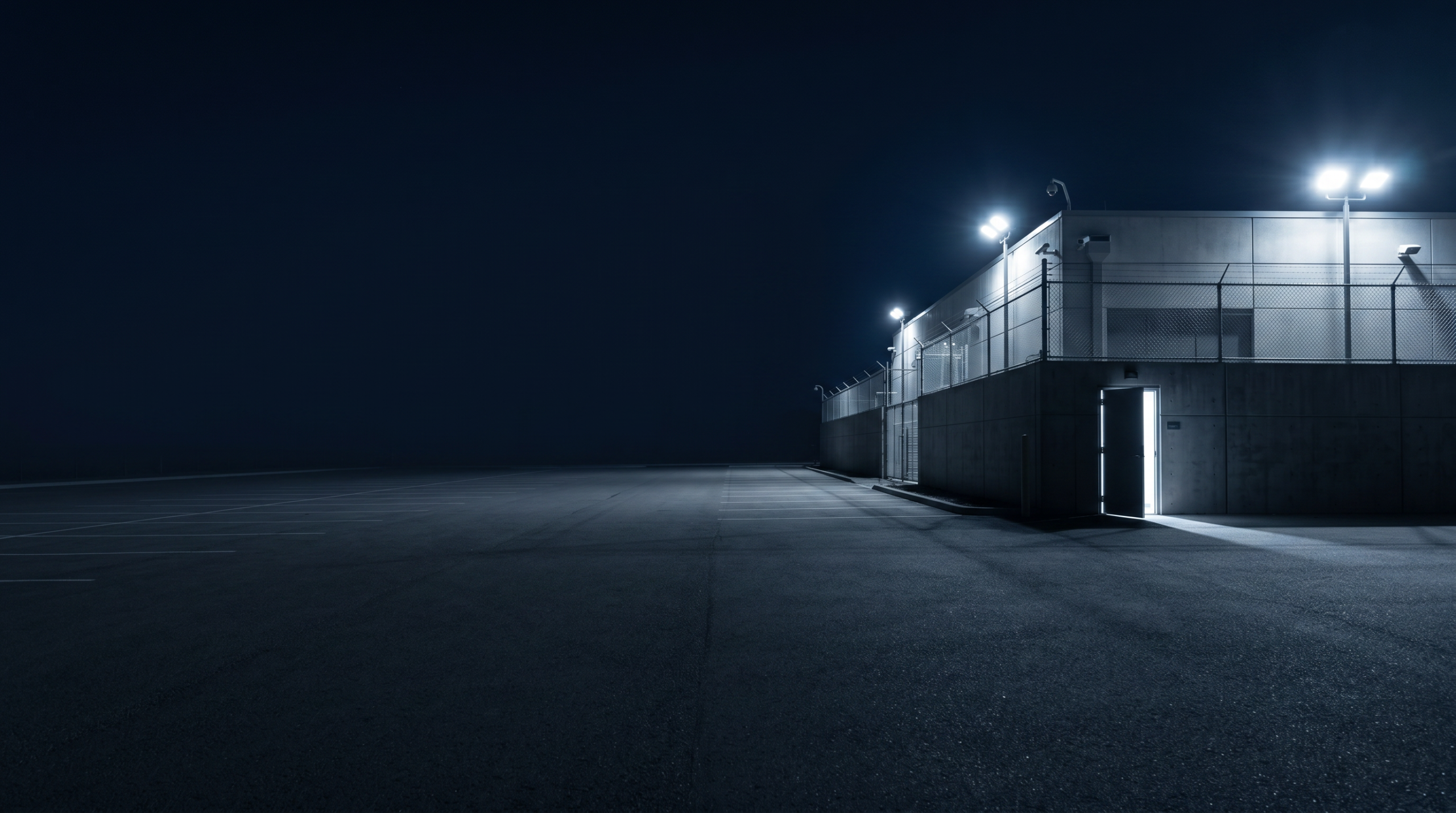 Secured industrial facility perimeter at night under floodlights