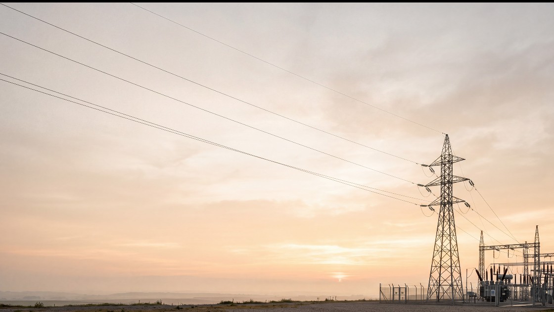 Transmission pylon and substation at sunrise