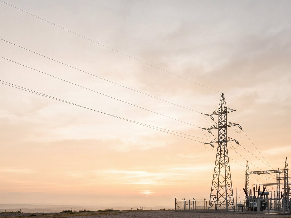 Transmission towers and substation at dusk