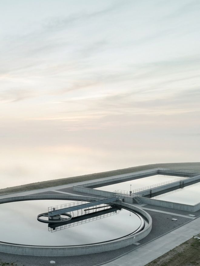 Water treatment clarifier at dawn